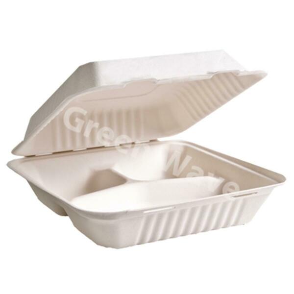 Green Wave International PE 9 x 9 x 3 in. 3 Compartment Bagasse Evolution Hinged Container, White TW-BOO-013  (PE)